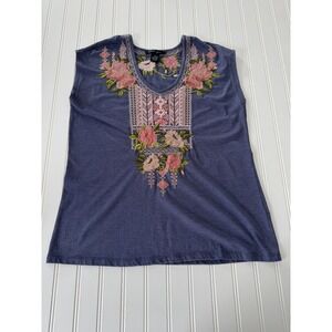 Faith & Zoe Women's‎ Sleeveless Top XS Blue Embroidered Floral Boho 65% Cotton